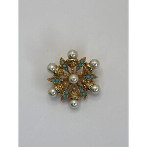 Vintage Gold Tone Starburst Brooch Faux Pearl and Turquoise Color Beads